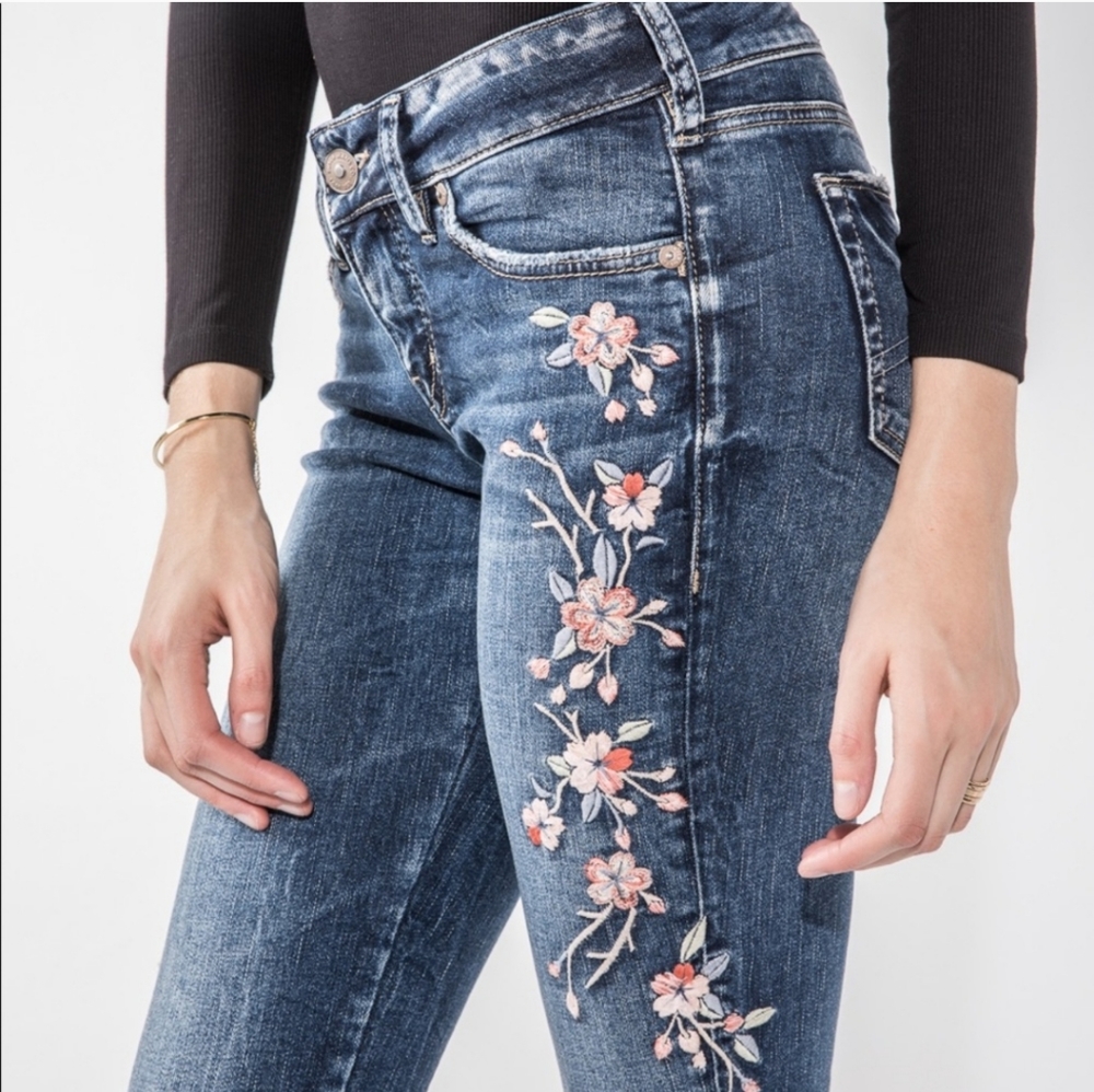 Silver Elyse Skinny Embroidered Floral Strecth Jeans 28x29 Boho EUC